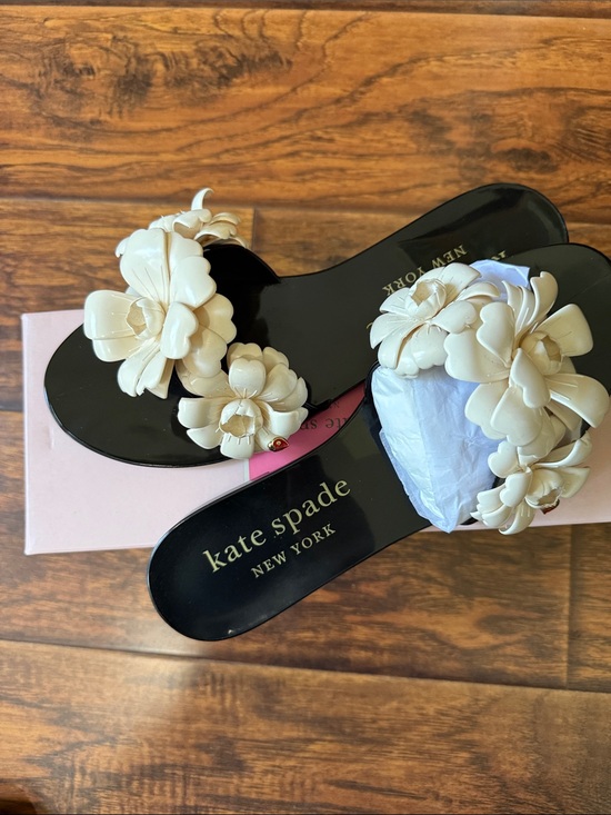 kate spade Shoes - kate spade black sandals with ivory floral appliqués